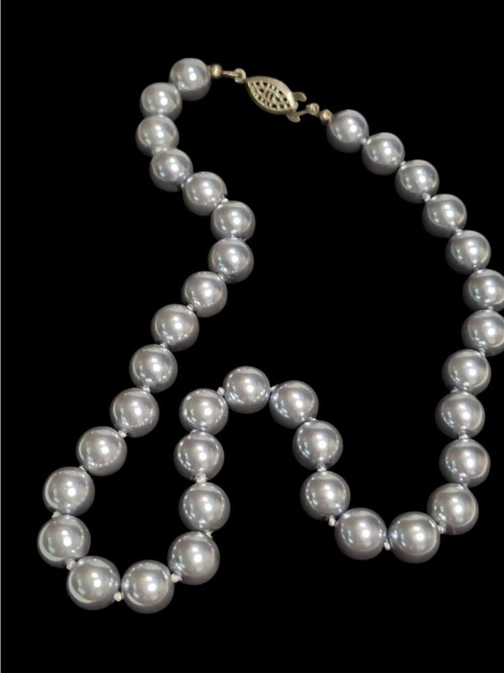 Vintage Gray Glass Faux Pearl Beaded Necklace Double Knotted - Picture 2 of 5